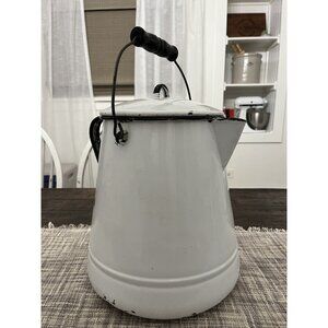 Vintage Large White & Black Enamelware Porcelain Coffee Pot Camping Decor